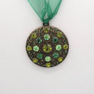 Nate Waxman Choker Pendant Necklace Green Ribbon Green Rhinestones 15"